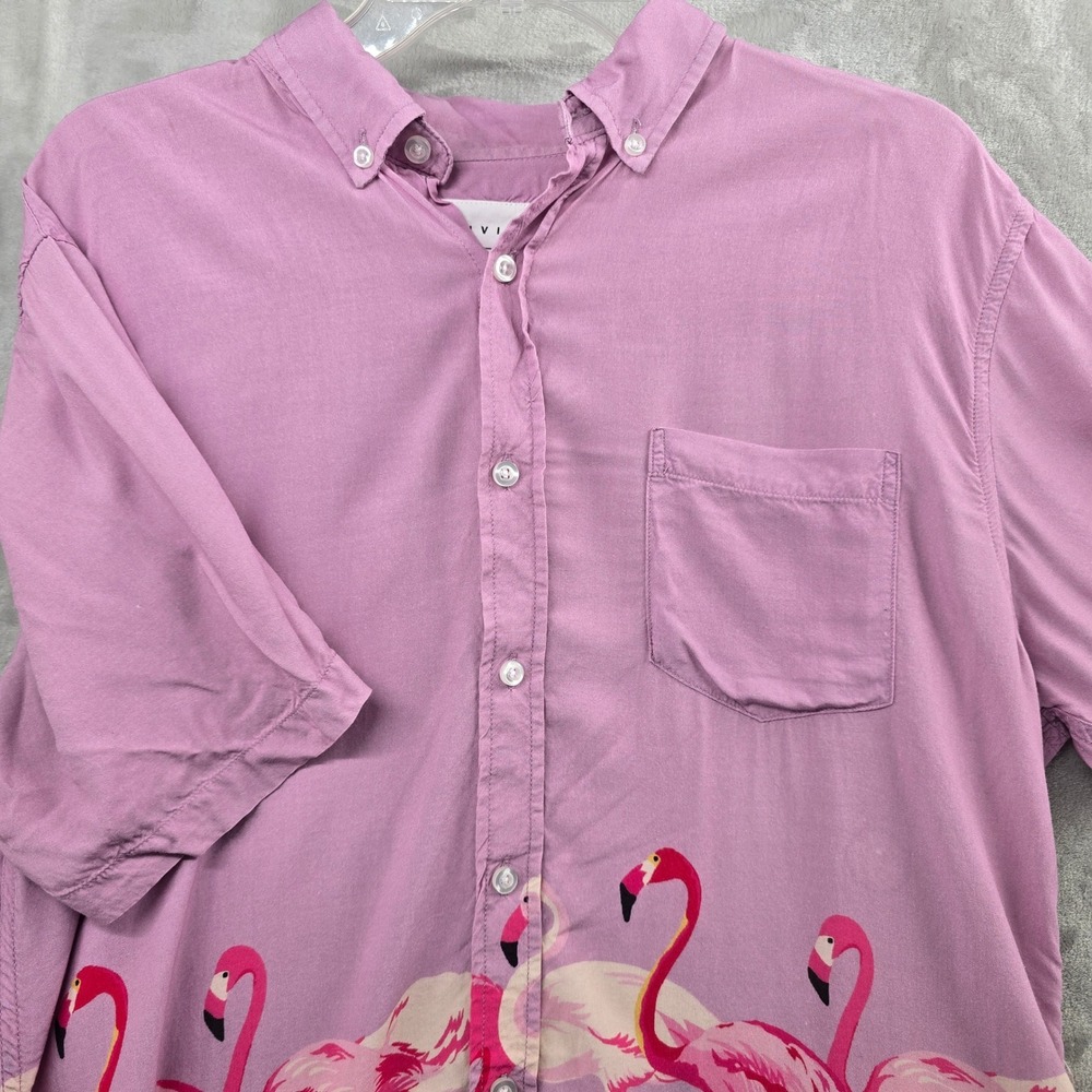 Duvin Size Large‎ Flamingo Button Up Shirt Pink Green Short Sleeve Viscose